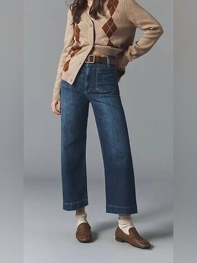 Maeve Colette Wide Leg Flare Jeans in Dark Blue Denim